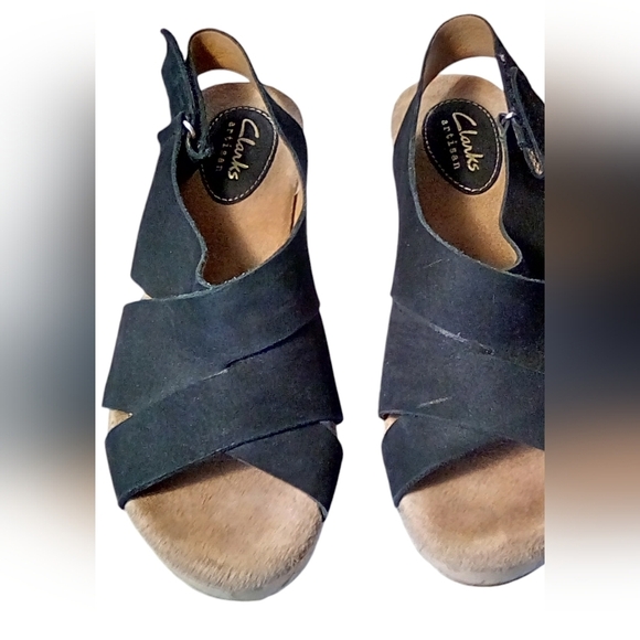 - CLARKS | Artisan Black Leather platform wedge cork sandals women’s 6.5W - Picture 3 of 5